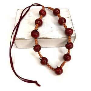 Apple Wood Bead Necklace Adjustable Satin Ribbon Cottage Country Style Teacher